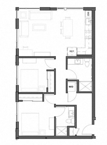 Floor plan for 2 beds, 2 baths, 910 sqft